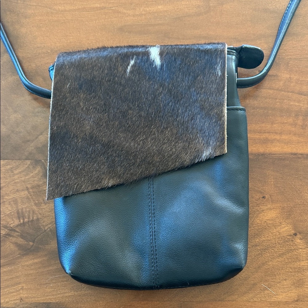 Elegant Calf Hairand Brown Leather Crossbody Bag